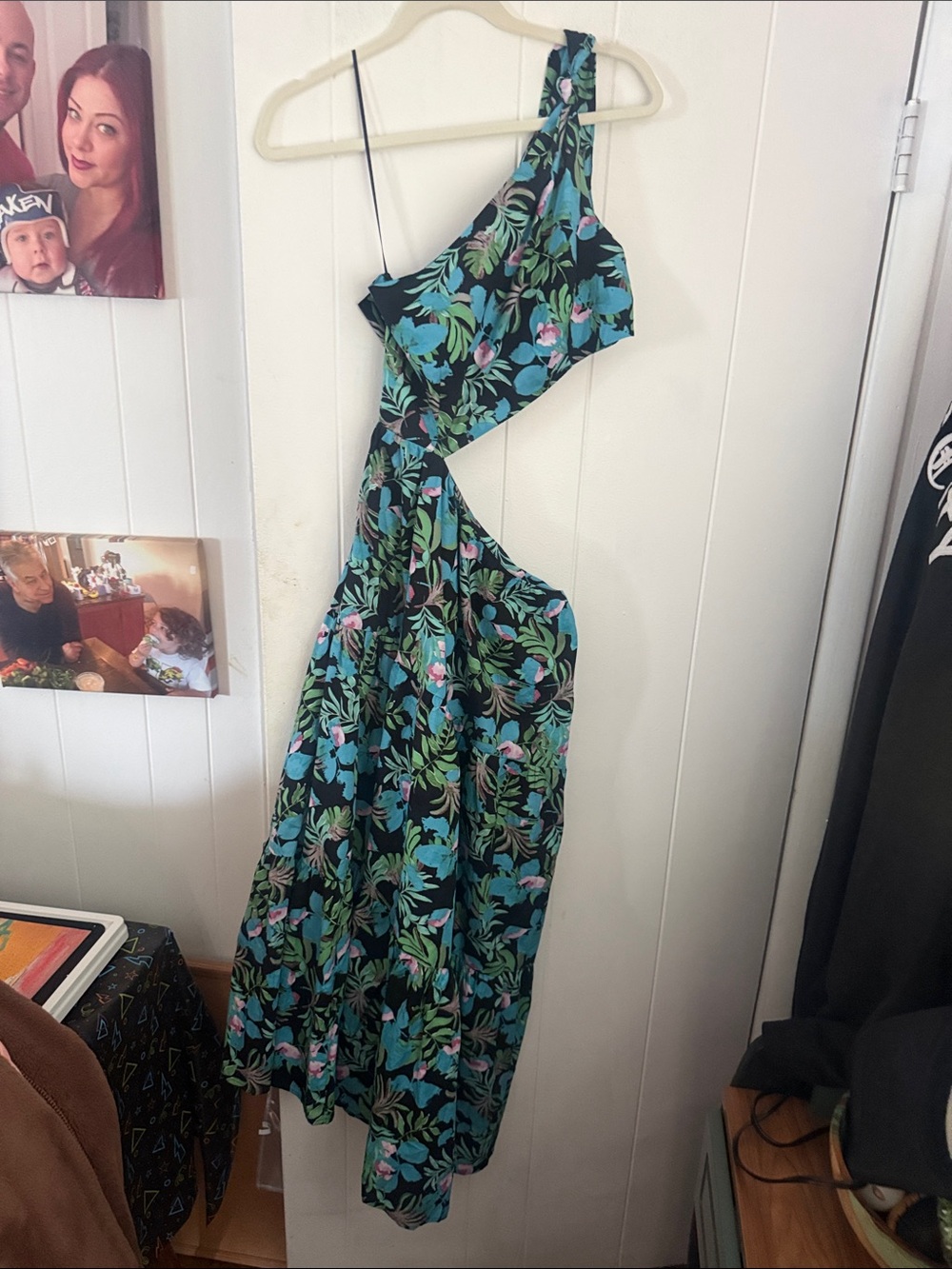 Free People Black One-Shoulder Floral Asymmetrical Maxi Dress with Teal & Pink